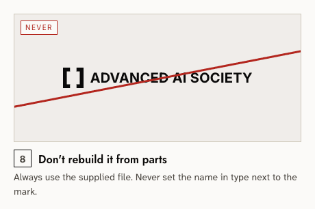 Never — 8: Don't rebuild it from parts. Always use the supplied file. Never set the name in type next to the mark.